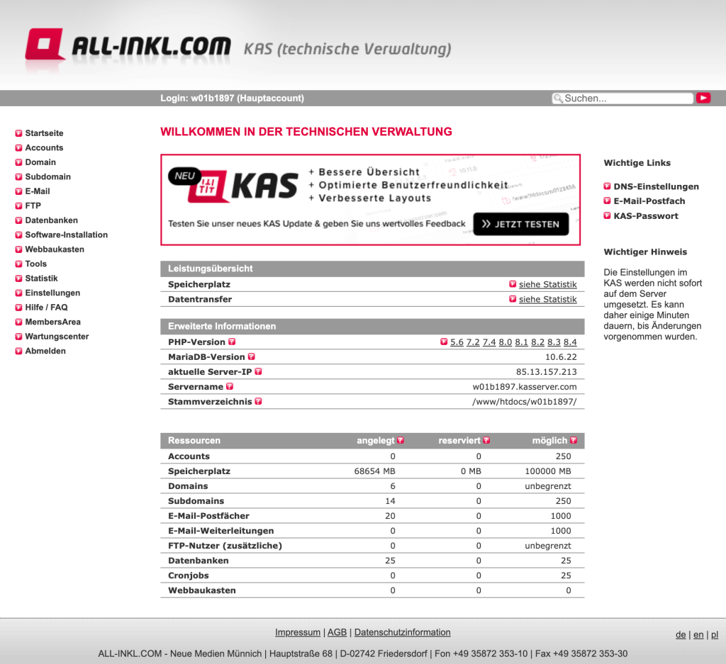 ALL-INKL KAS Verwaltung – Dashboard im Test